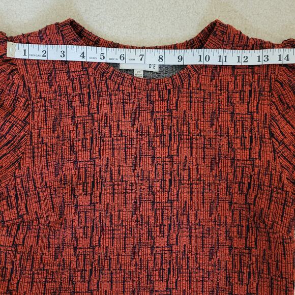 Anthropologie RO+DE Size XS Pullover Ruffle Sleeve Peplum Top Burnt Orange Navy - Picture 4 of 10